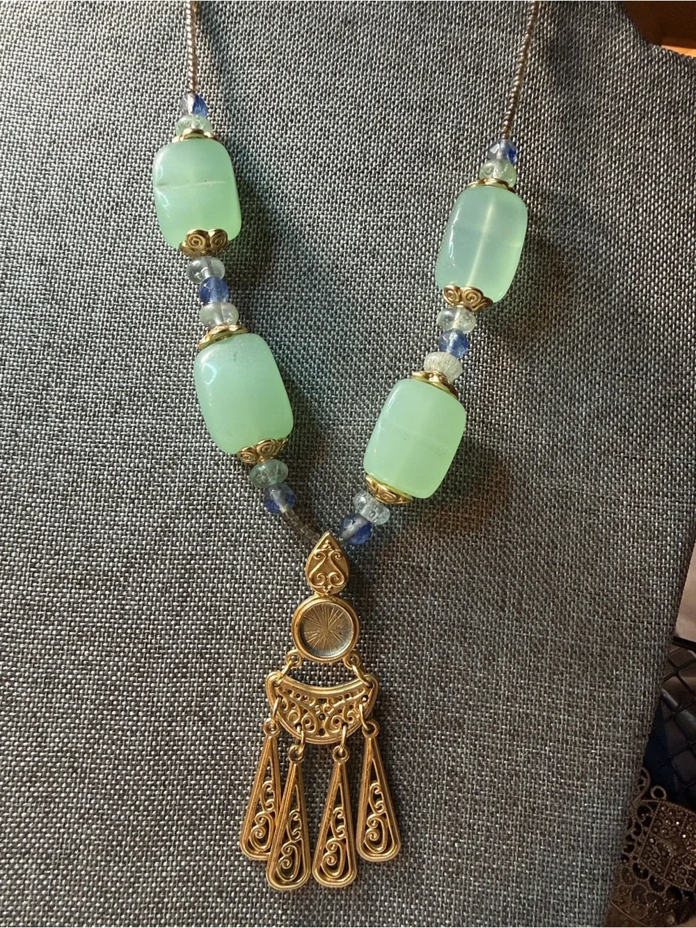 George Gold-Tone Filigree Pendant Necklace with Mint Green and Blue Glass Beads